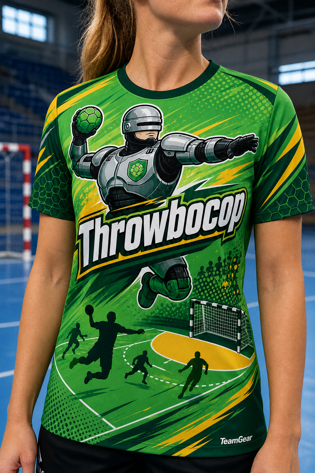 Throwbocop Green Handball Jersey — custom handball jersey worn on model — TeamGear Canada
