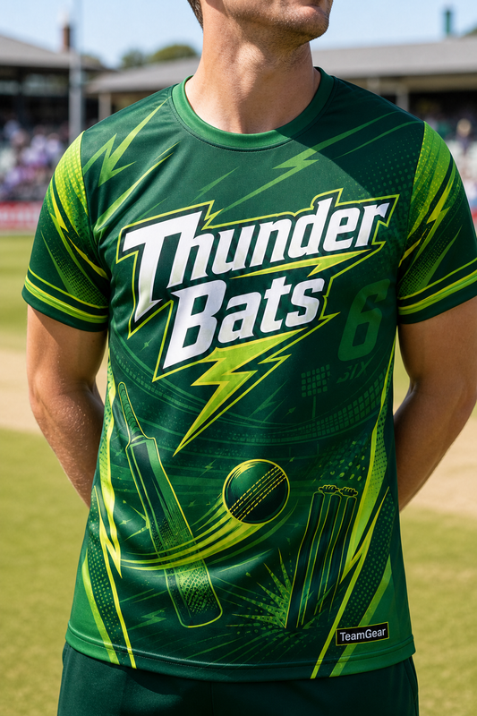 Thunder Bats Green Cricket Jersey — custom cricket jersey worn on model — TeamGear Canada