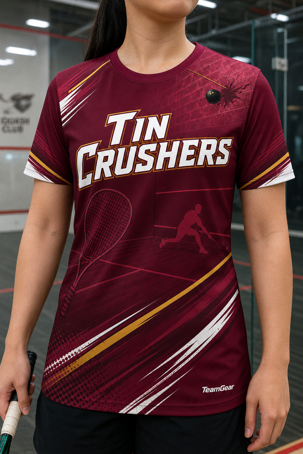 Tin Crushers Maroon Squash Jersey — custom squash jersey worn on model — TeamGear Canada