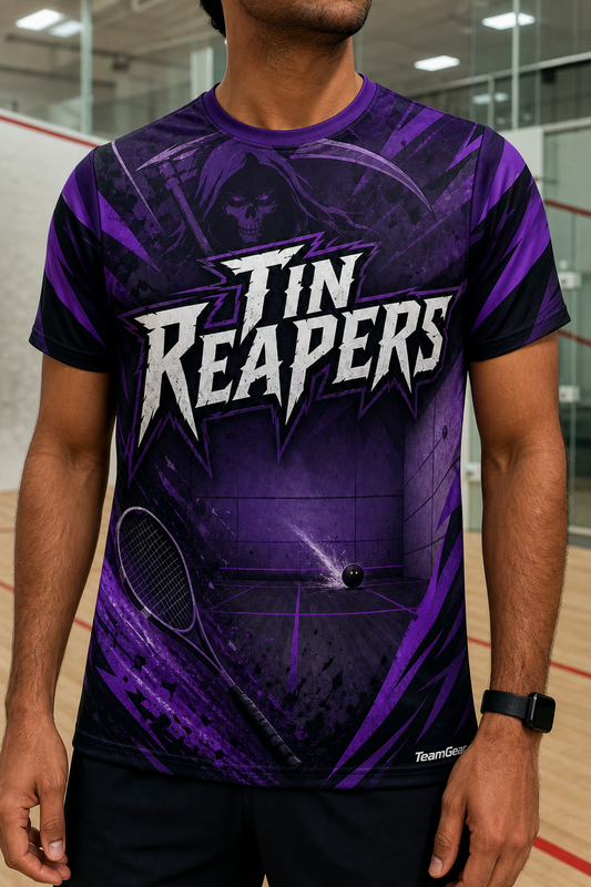 Tin Reapers Purple Squash Jersey — custom squash jersey worn on model — TeamGear Canada