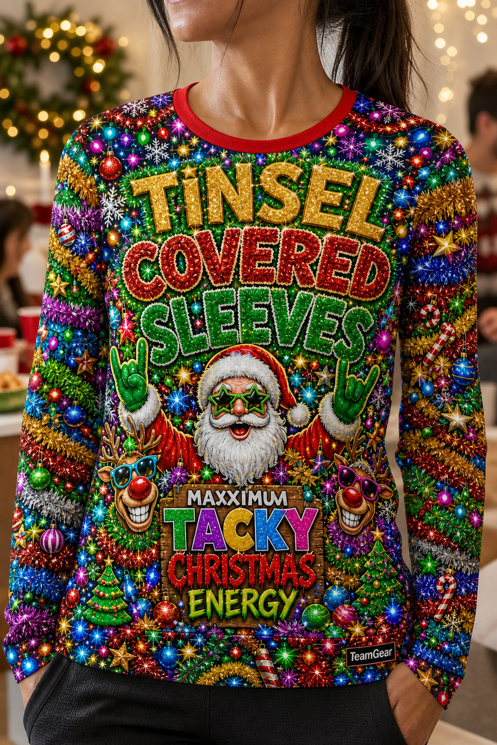 Tinsel-Covered Sleeves Ugly Christmas Sweater — custom christmas team apparel worn on model — TeamGear Canada