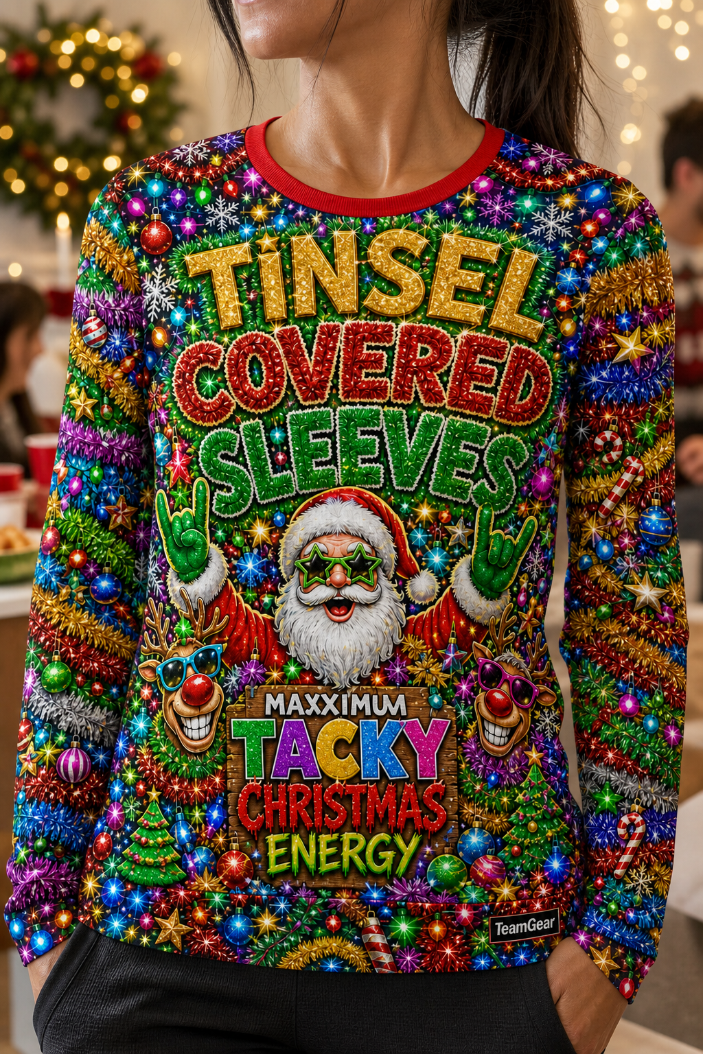 Tinsel-Covered Sleeves Ugly Christmas Sweater — custom christmas team apparel worn on model — TeamGear Canada