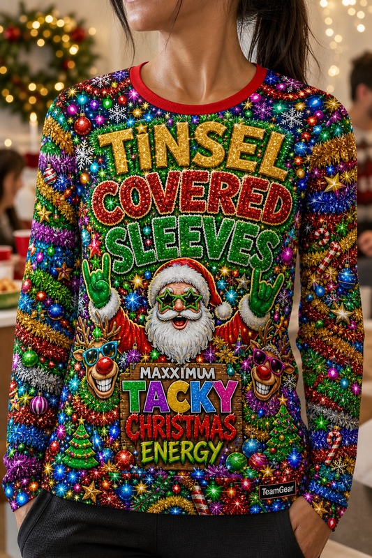 Tinsel-Covered Sleeves Ugly Christmas Sweater — custom christmas team apparel worn on model — TeamGear Canada
