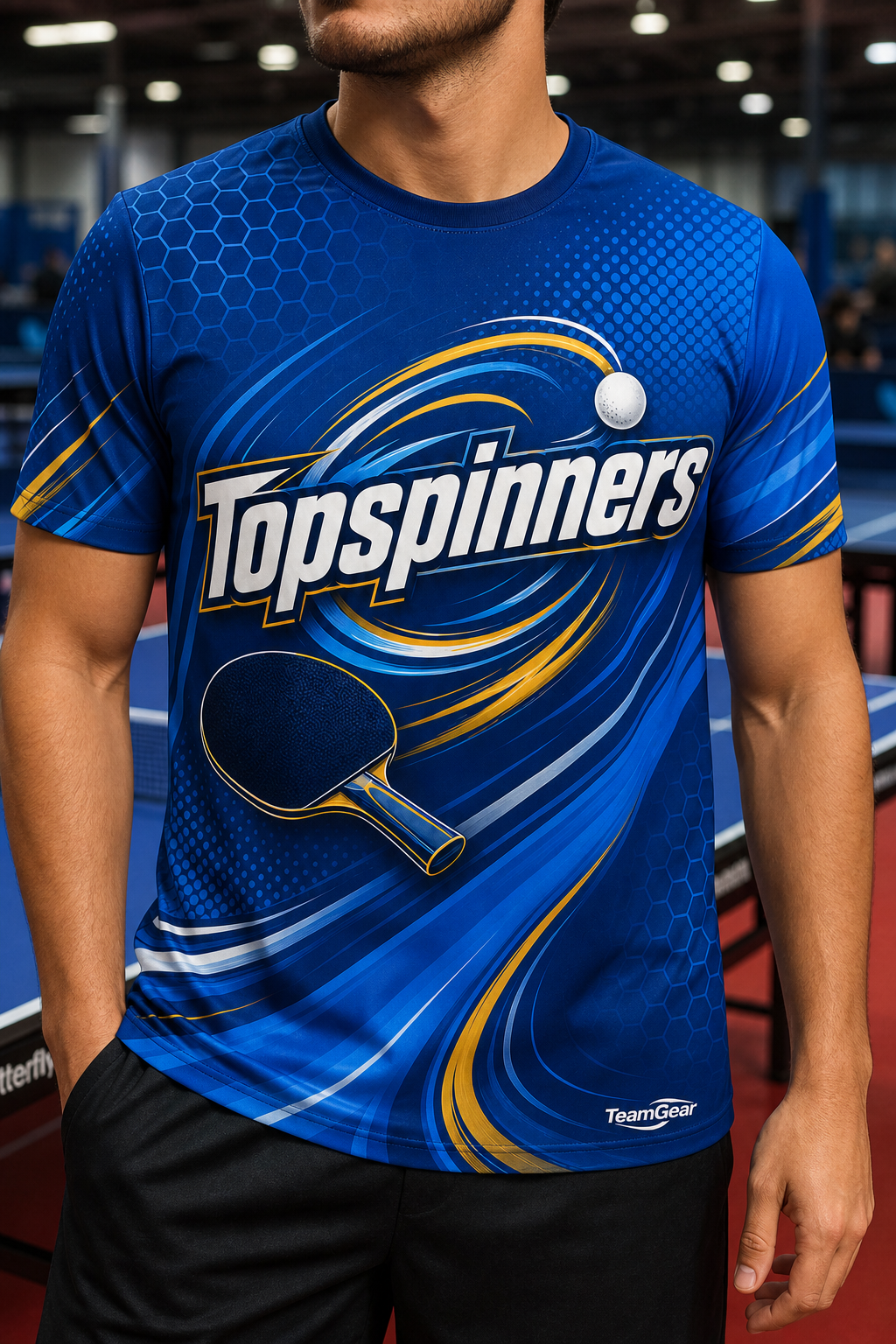 Topspinners Blue Table Tennis Jersey — custom table tennis jersey worn on model — TeamGear Canada