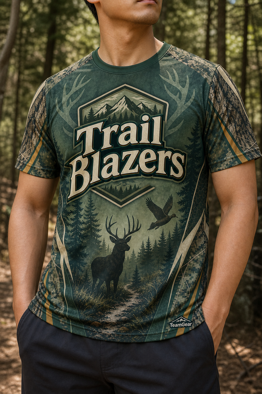 Trail Blazers Green Hunting Jersey — custom hunting jersey worn on model — TeamGear Canada