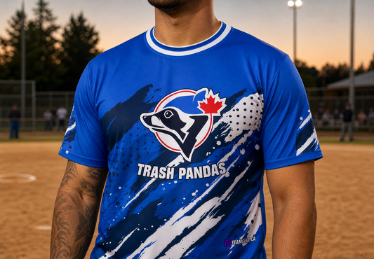 Trash Pandas Royal Blue Softball Jersey — custom softball jersey worn on model — TeamGear Canada