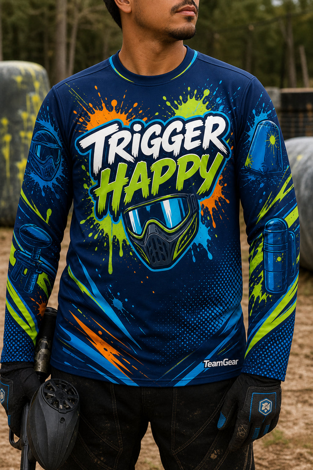 Trigger Happy Navy Long Sleeve Paintball Jersey — custom paintball jersey worn on model — TeamGear Canada