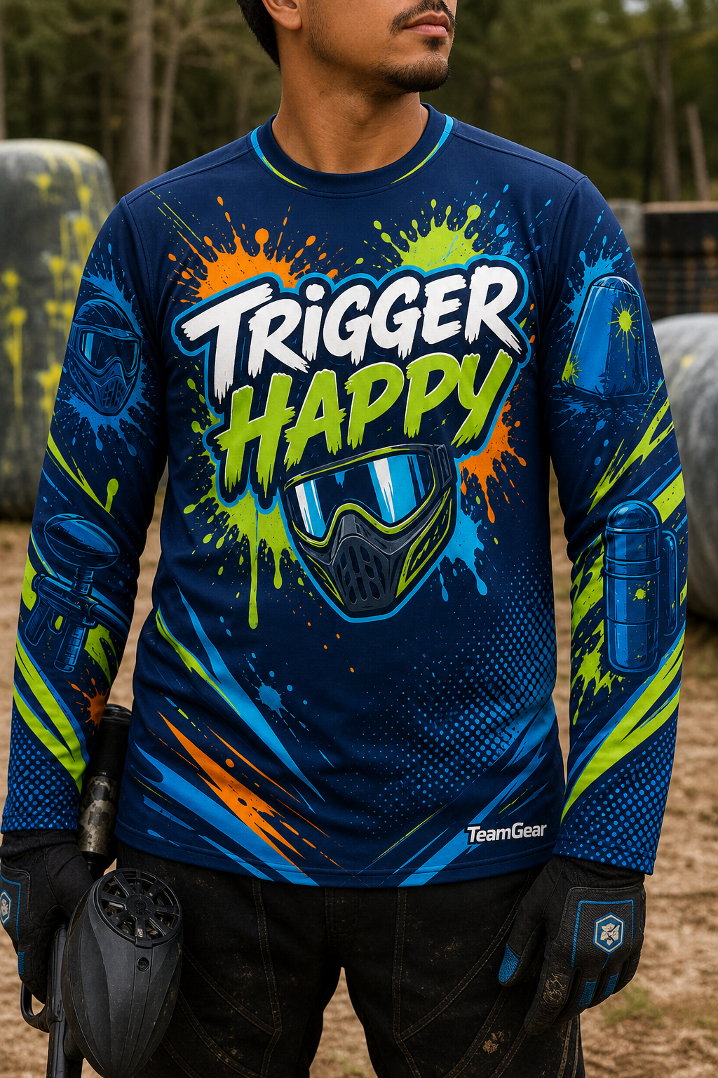 Trigger Happy Navy Long Sleeve Paintball Jersey — custom paintball jersey worn on model — TeamGear Canada