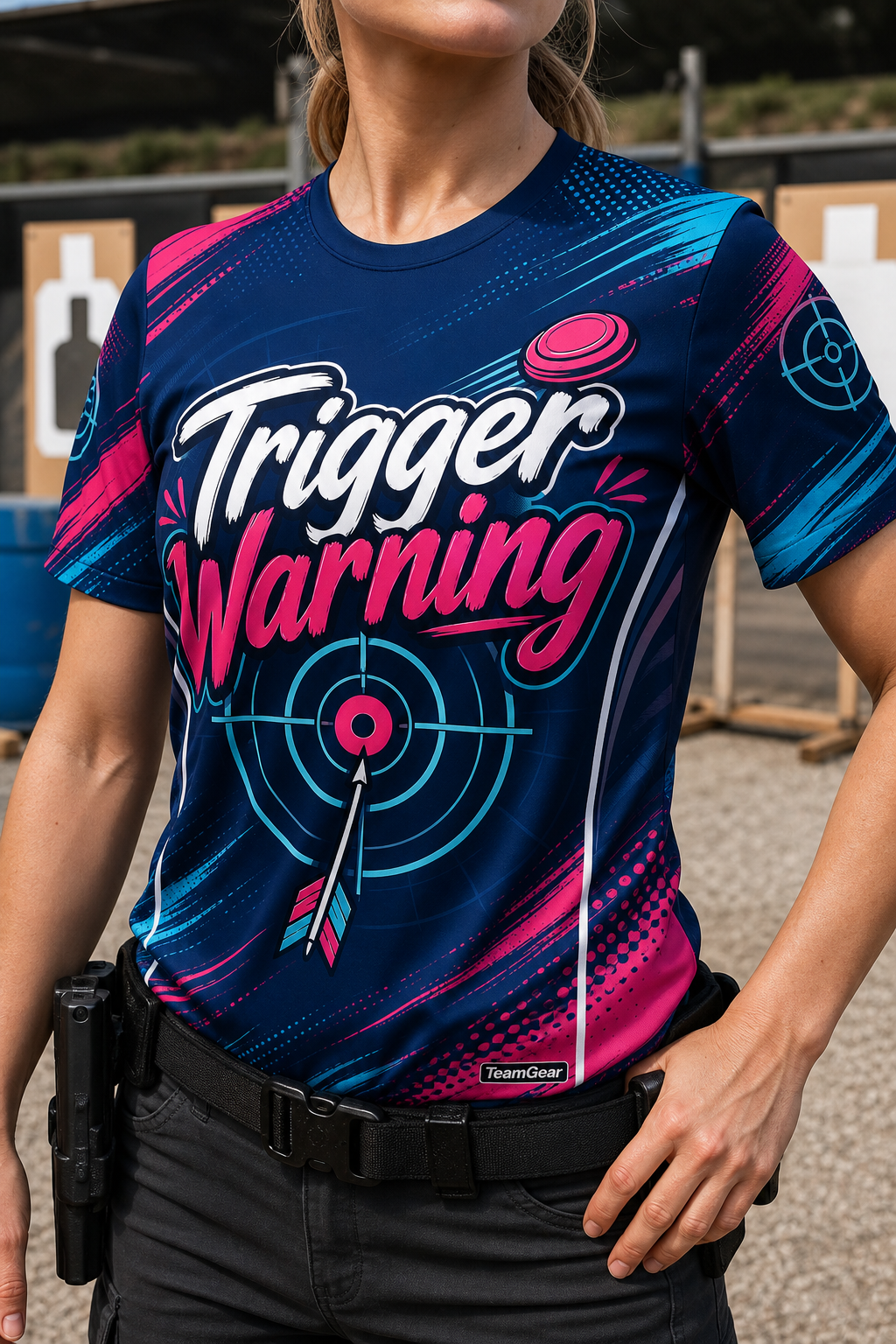 Trigger Warning Navy Shooting Jersey — custom shooting jersey worn on model — TeamGear Canada