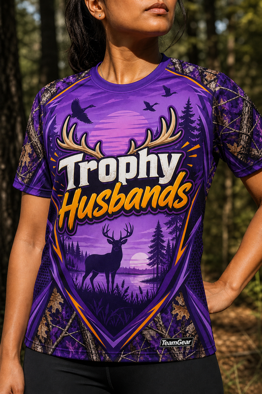 Trophy Husbands Purple Hunting Jersey — custom hunting jersey worn on model — TeamGear Canada