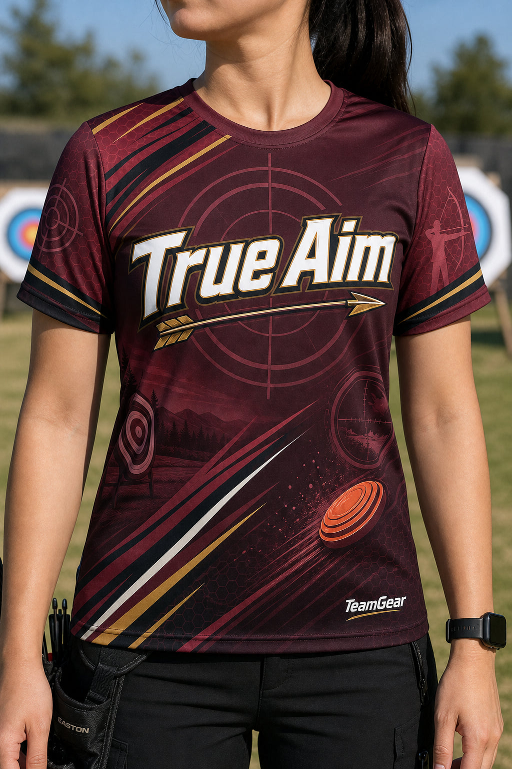 True Aim Maroon Shooting Jersey — custom shooting jersey worn on model — TeamGear Canada