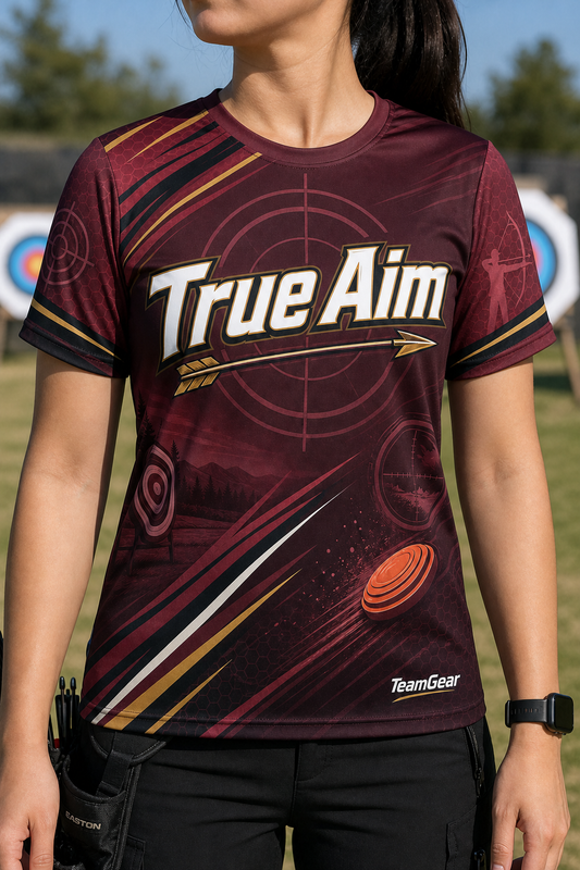 True Aim Maroon Shooting Jersey — custom shooting jersey worn on model — TeamGear Canada
