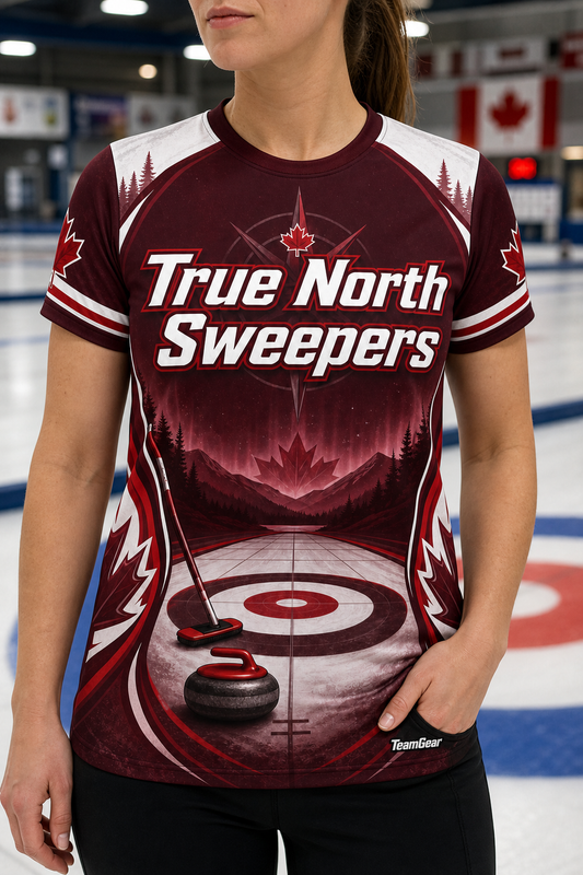 True North Sweepers Maroon Curling Jersey — custom curling jersey worn on model — TeamGear Canada