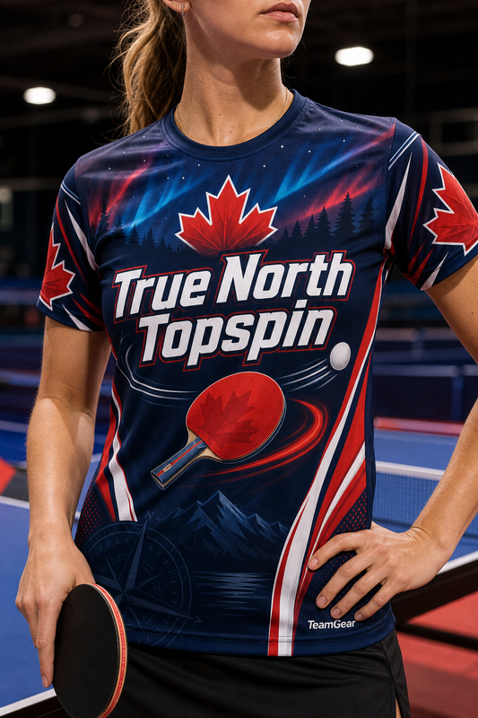 True North Topspin Navy Table Tennis Jersey — custom table tennis jersey worn on model — TeamGear Canada