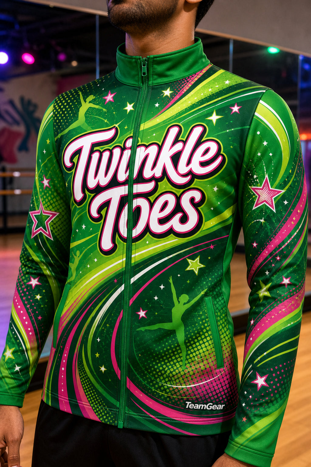 Twinkle Toes Green Dance Jacket — custom dance jacket worn on model — TeamGear Canada