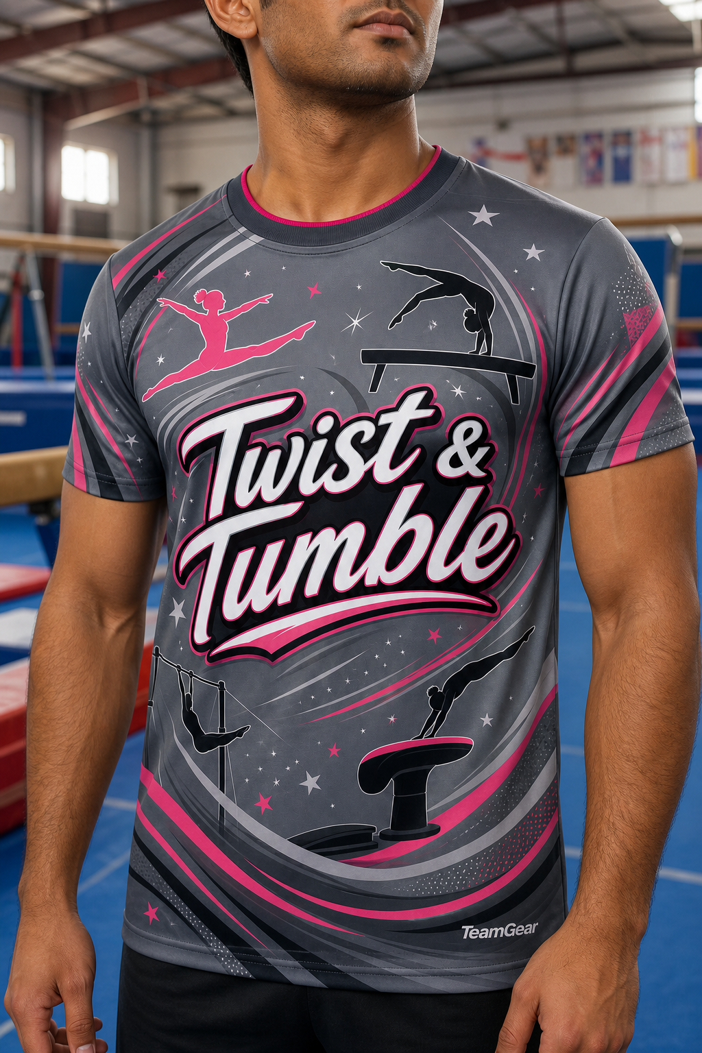 Twist & Tumble Grey Gymnastics Jersey — custom gymnastics jersey worn on model — TeamGear Canada