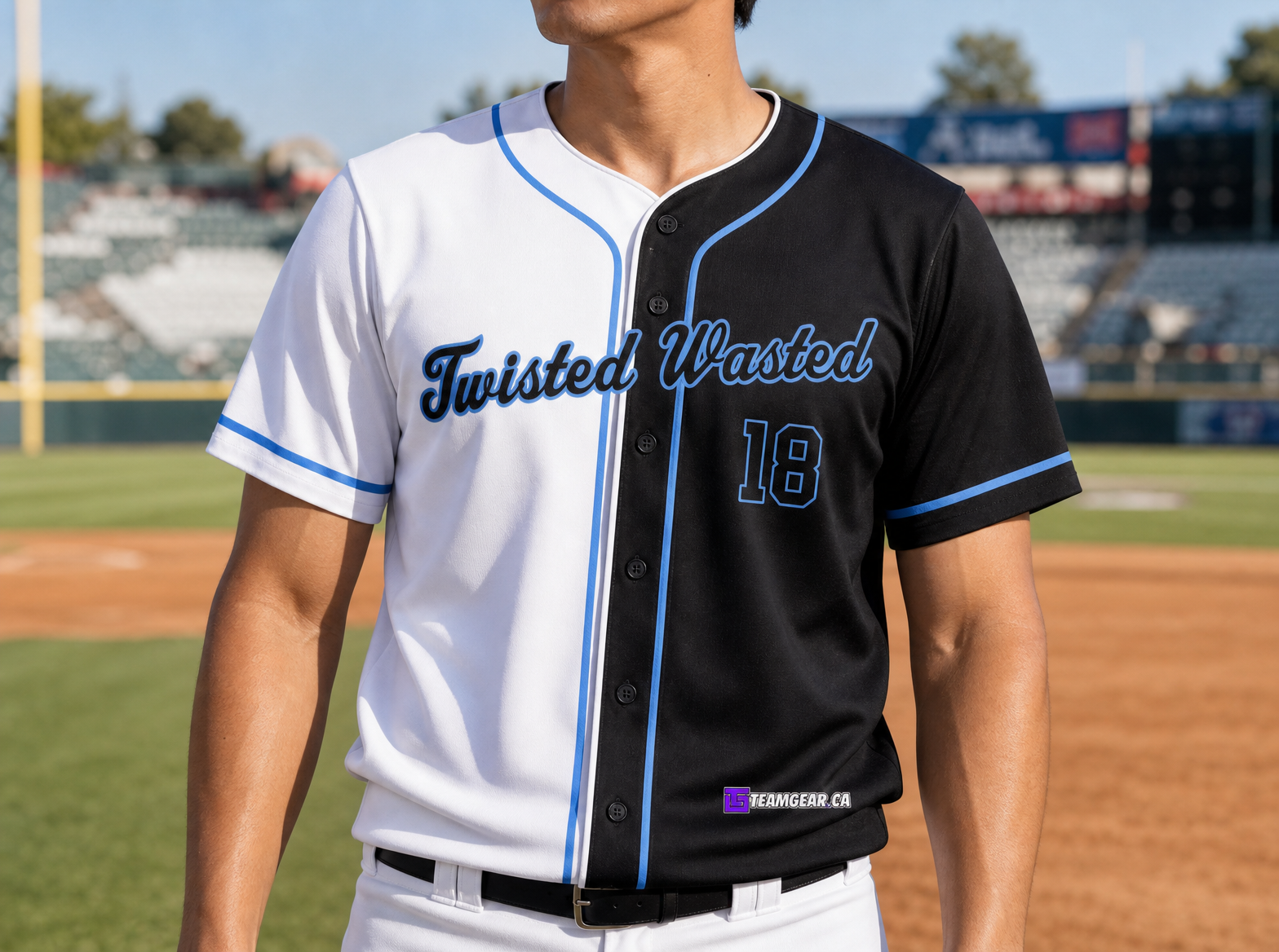 Twisted Wasted Splitter Baseball Jersey Full Button — custom baseball jersey worn on model — TeamGear Canada