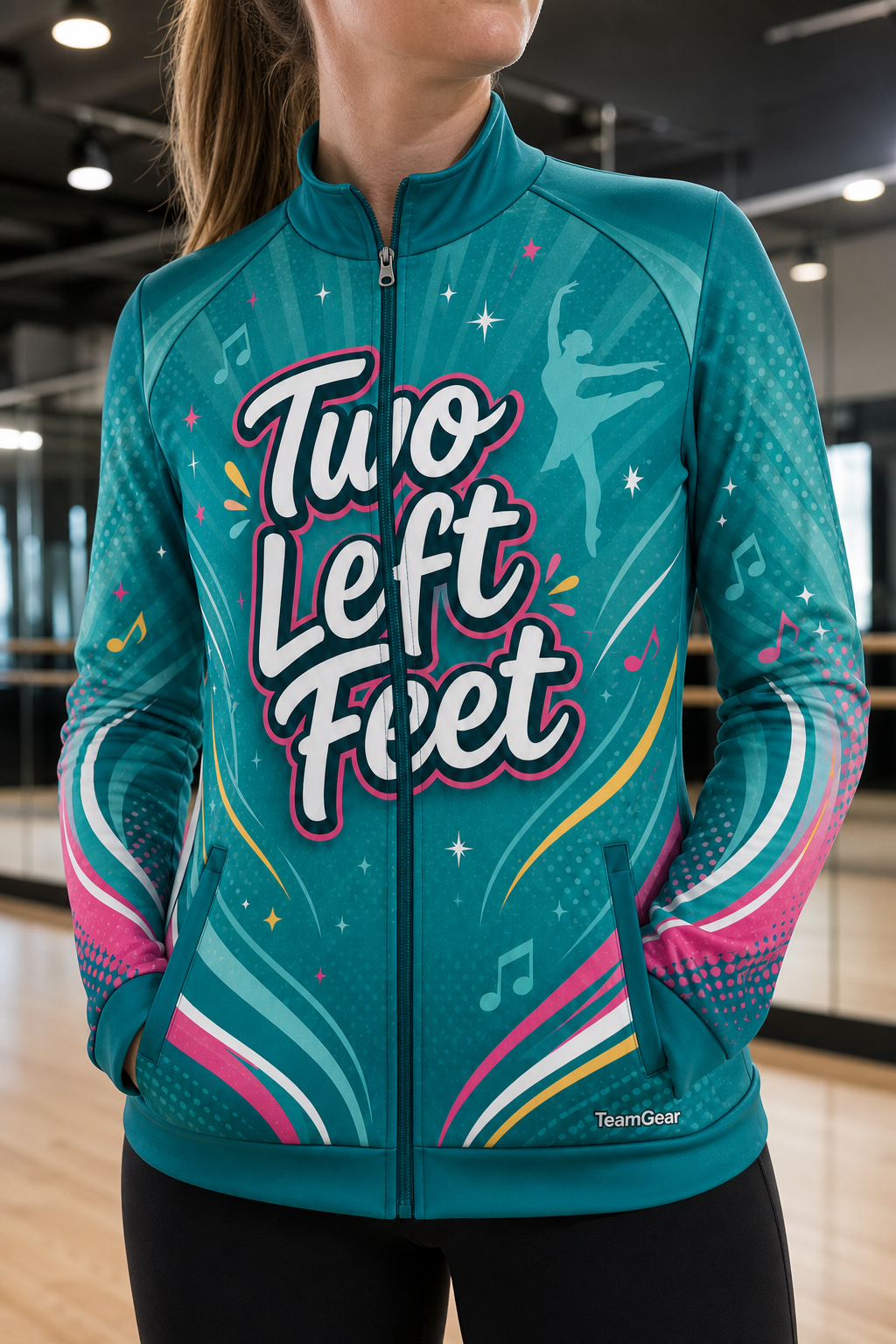 Two Left Feet Teal Dance Jacket — custom dance jacket worn on model — TeamGear Canada