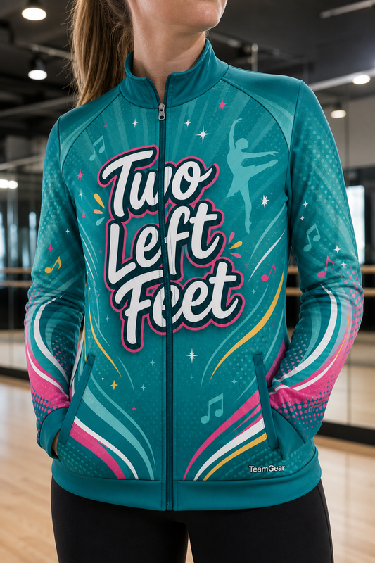 Two Left Feet Teal Dance Jacket — custom dance jacket worn on model — TeamGear Canada
