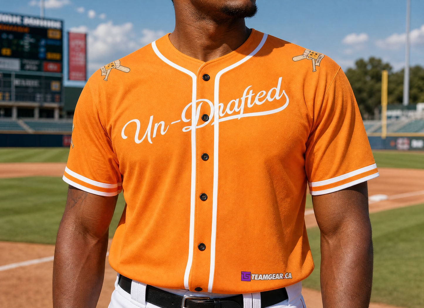 Undrafted Orange Baseball Jersey Full Button — custom baseball jersey worn on model — TeamGear Canada
