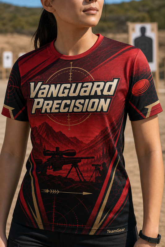 Vanguard Precision Crimson Shooting Jersey — custom shooting jersey worn on model — TeamGear Canada