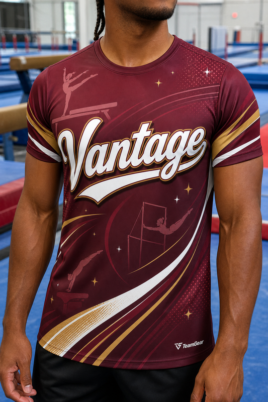Vantage Maroon Gymnastics Jersey — custom gymnastics jersey worn on model — TeamGear Canada