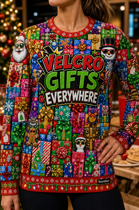 Velcro Gifts Everywhere Ugly Christmas Sweater — custom christmas team apparel worn on model — TeamGear Canada
