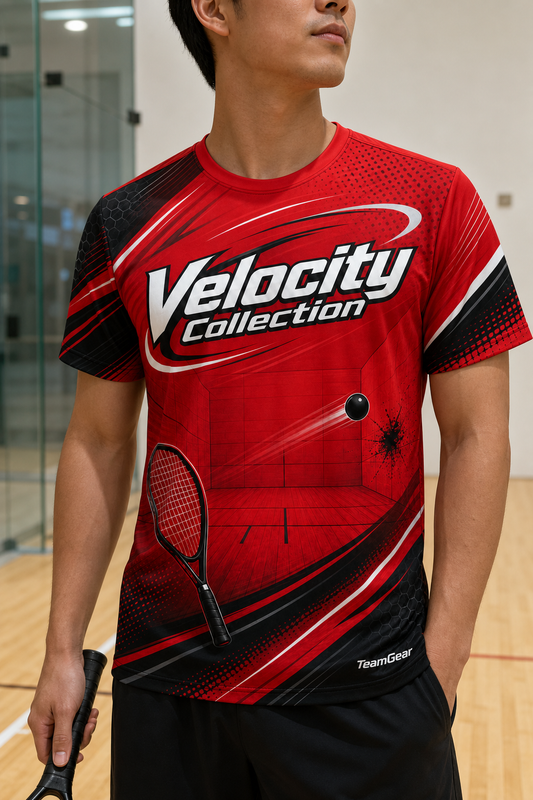 Velocity Collection Red Racquetball Jersey — custom racquetball jersey worn on model — TeamGear Canada