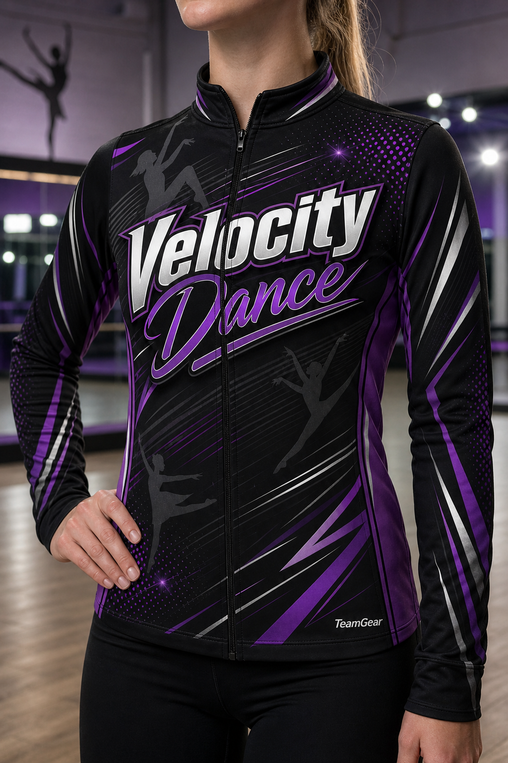 Velocity Dance Black Dance Jacket — custom dance jacket worn on model — TeamGear Canada