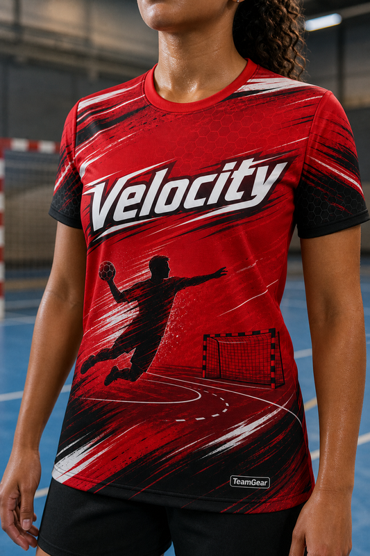Velocity Red Handball Jersey — custom handball jersey worn on model — TeamGear Canada