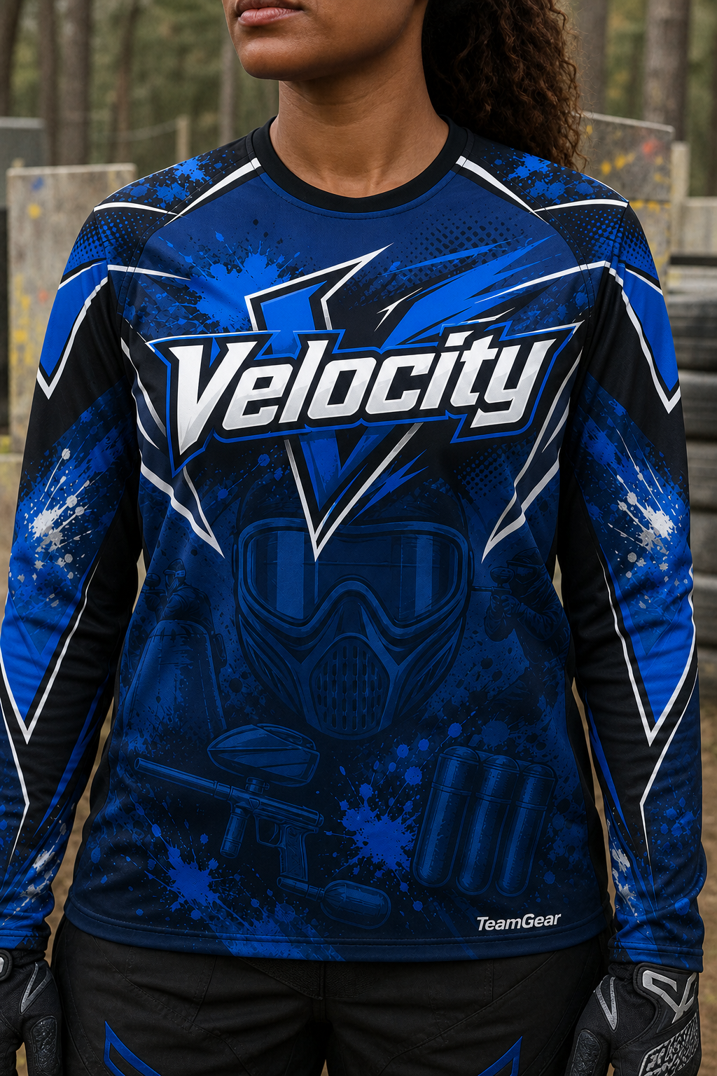 Velocity Blue Long Sleeve Paintball Jersey — custom paintball jersey worn on model — TeamGear Canada