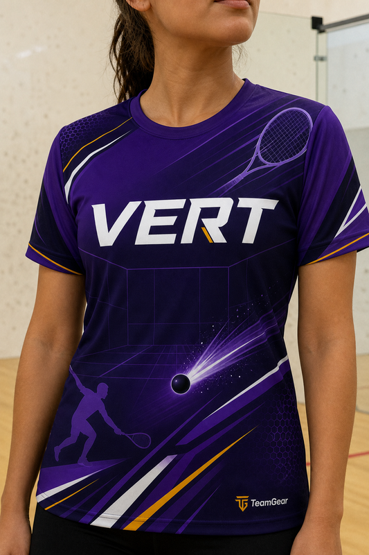 VERT Purple Racquetball Jersey — custom racquetball jersey worn on model — TeamGear Canada