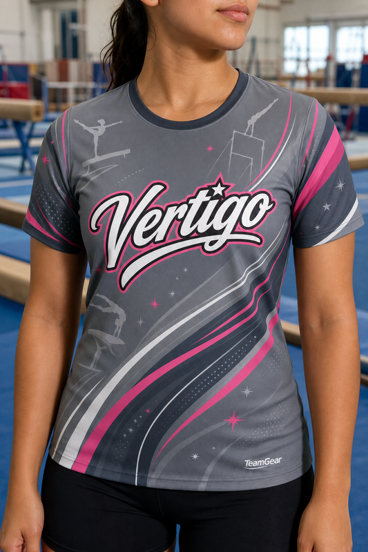 Vertigo Grey Gymnastics Jersey — custom gymnastics jersey worn on model — TeamGear Canada