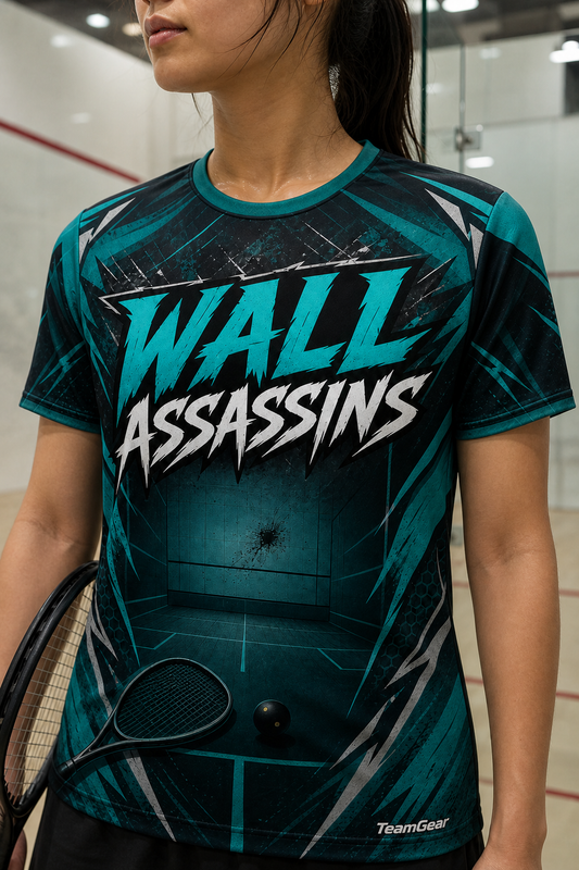 Wall Assassins Teal Squash Jersey — custom squash jersey worn on model — TeamGear Canada