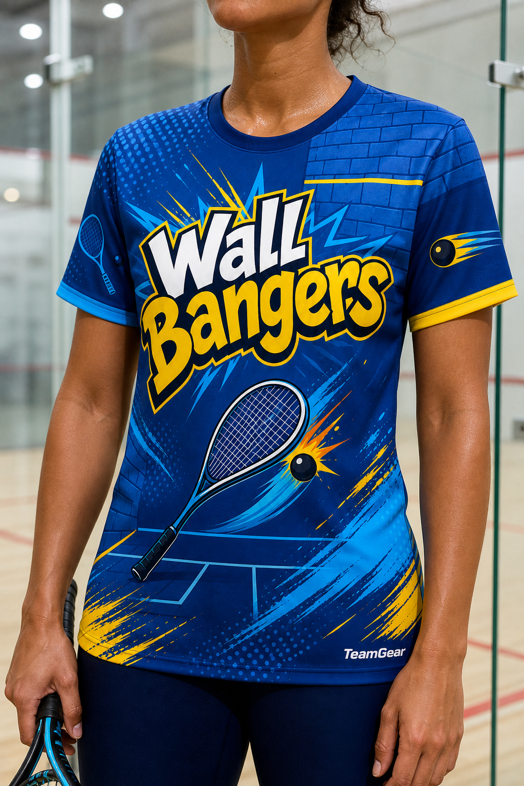 Wall Bangers Blue Squash Jersey — custom squash jersey worn on model — TeamGear Canada