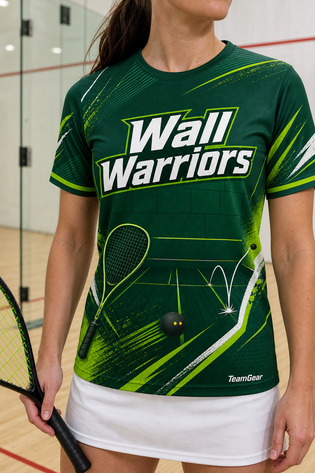 Wall Warriors Green Squash Jersey — custom squash jersey worn on model — TeamGear Canada