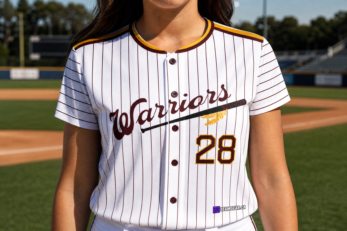 Warriors White Pinstripe Baseball Jersey Full Button — custom baseball jersey worn on model — TeamGear Canada
