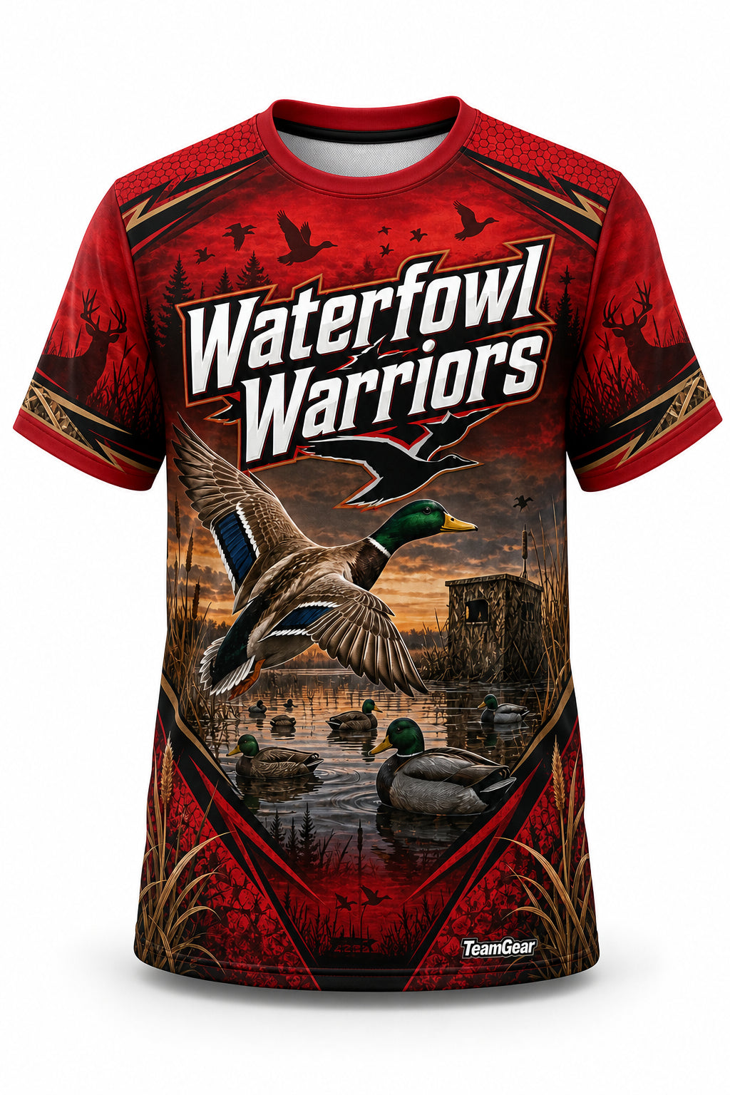 Waterfowl Warriors Red Hunting Jersey - front and back view