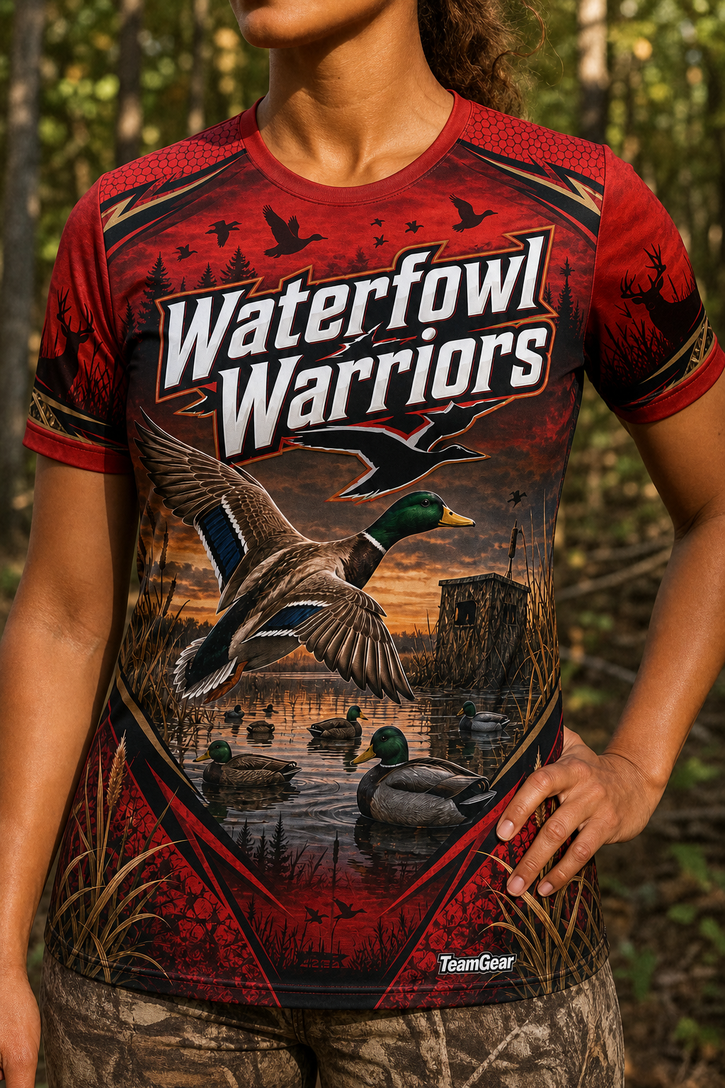 Waterfowl Warriors Red Hunting Jersey — custom hunting jersey worn on model — TeamGear Canada