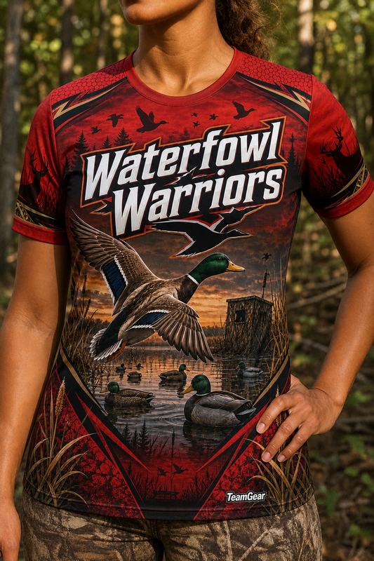 Waterfowl Warriors Red Hunting Jersey — custom hunting jersey worn on model — TeamGear Canada