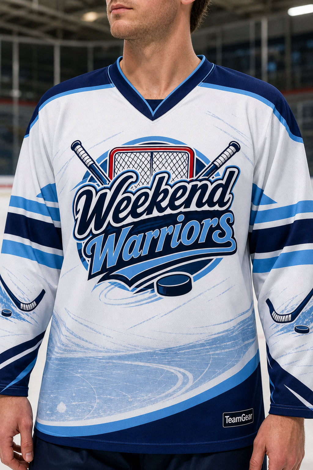 Weekend Warriors White Hockey Jersey — custom hockey jersey worn on model — TeamGear Canada