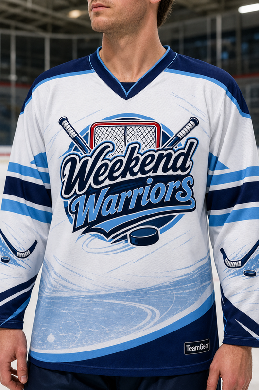 Weekend Warriors White Hockey Jersey — custom hockey jersey worn on model — TeamGear Canada