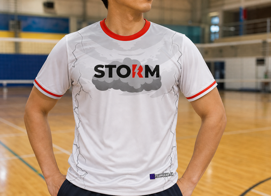 White Storm Dodgeball Jersey — custom dodgeball jersey worn on model — TeamGear Canada