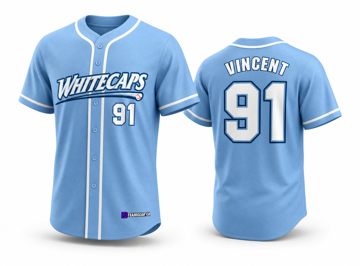 Whitecaps Powder Blue Baseball Jersey Full Button - front and back view