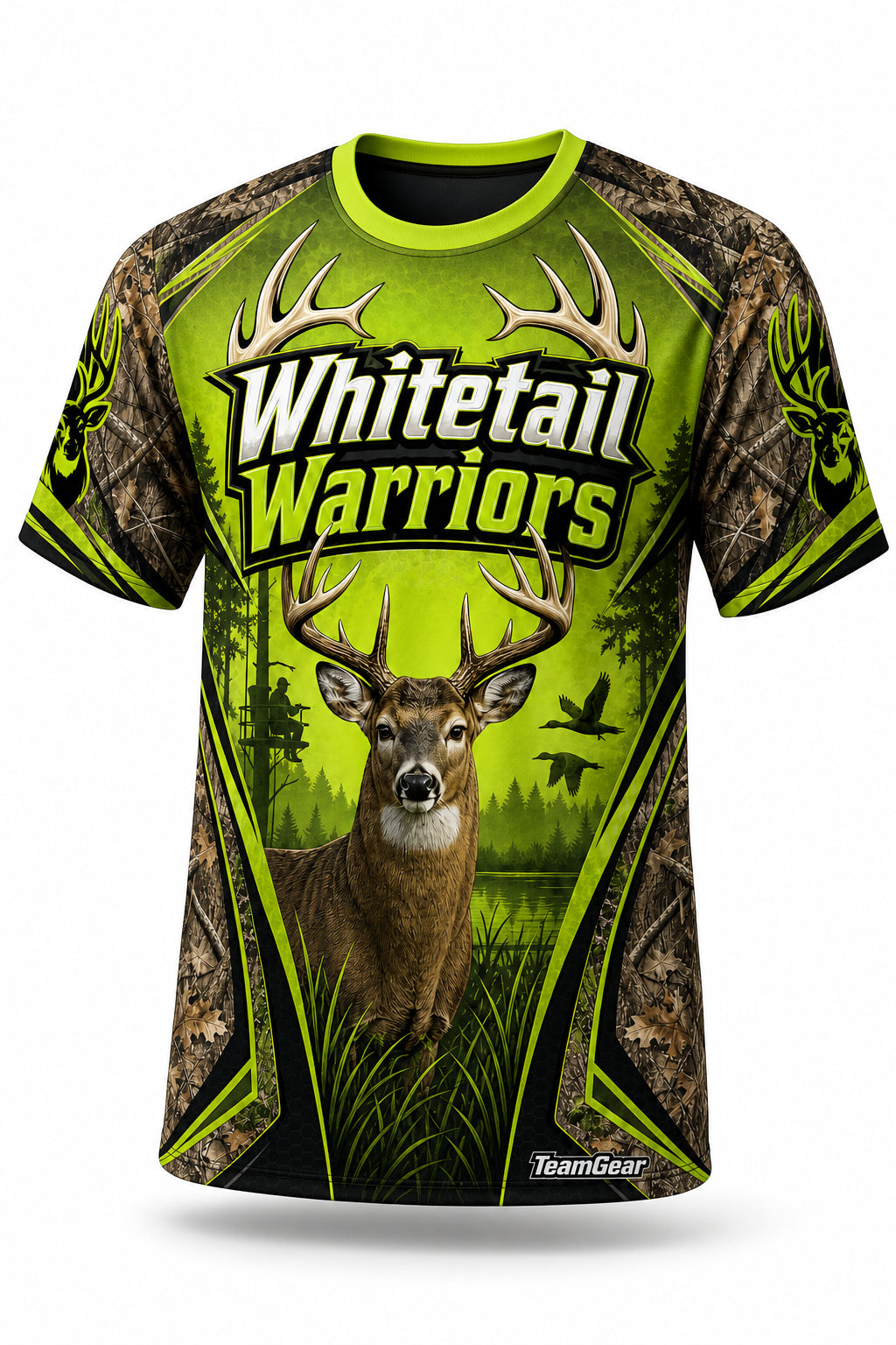 Whitetail Warriors Lime Hunting Jersey - front and back view
