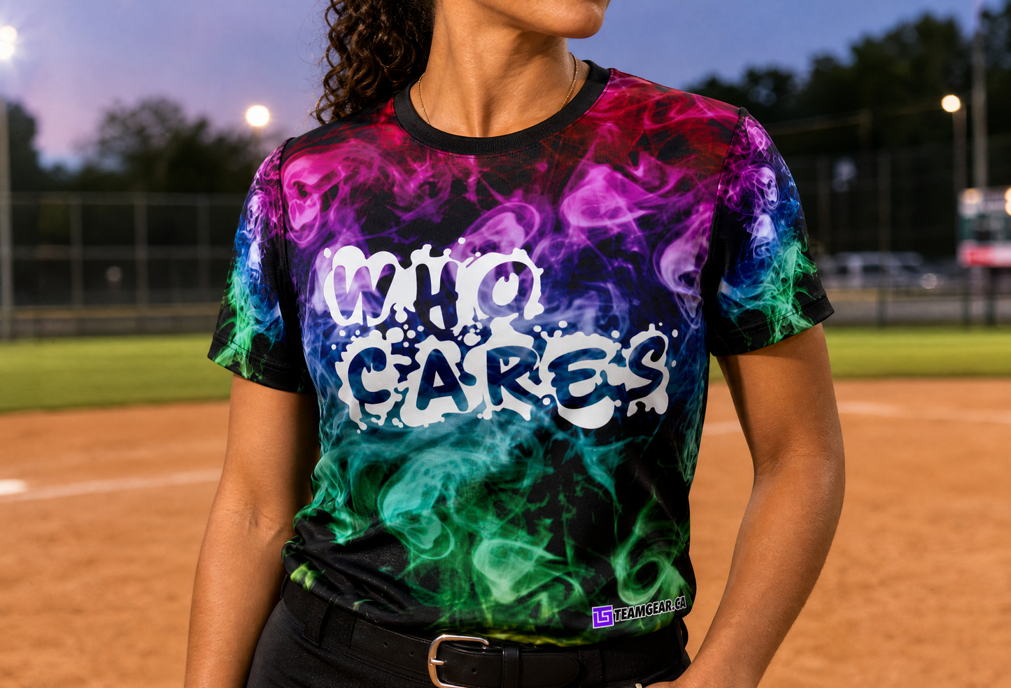 Who Cares Rainbow Softball Jersey — custom softball jersey worn on model — TeamGear Canada