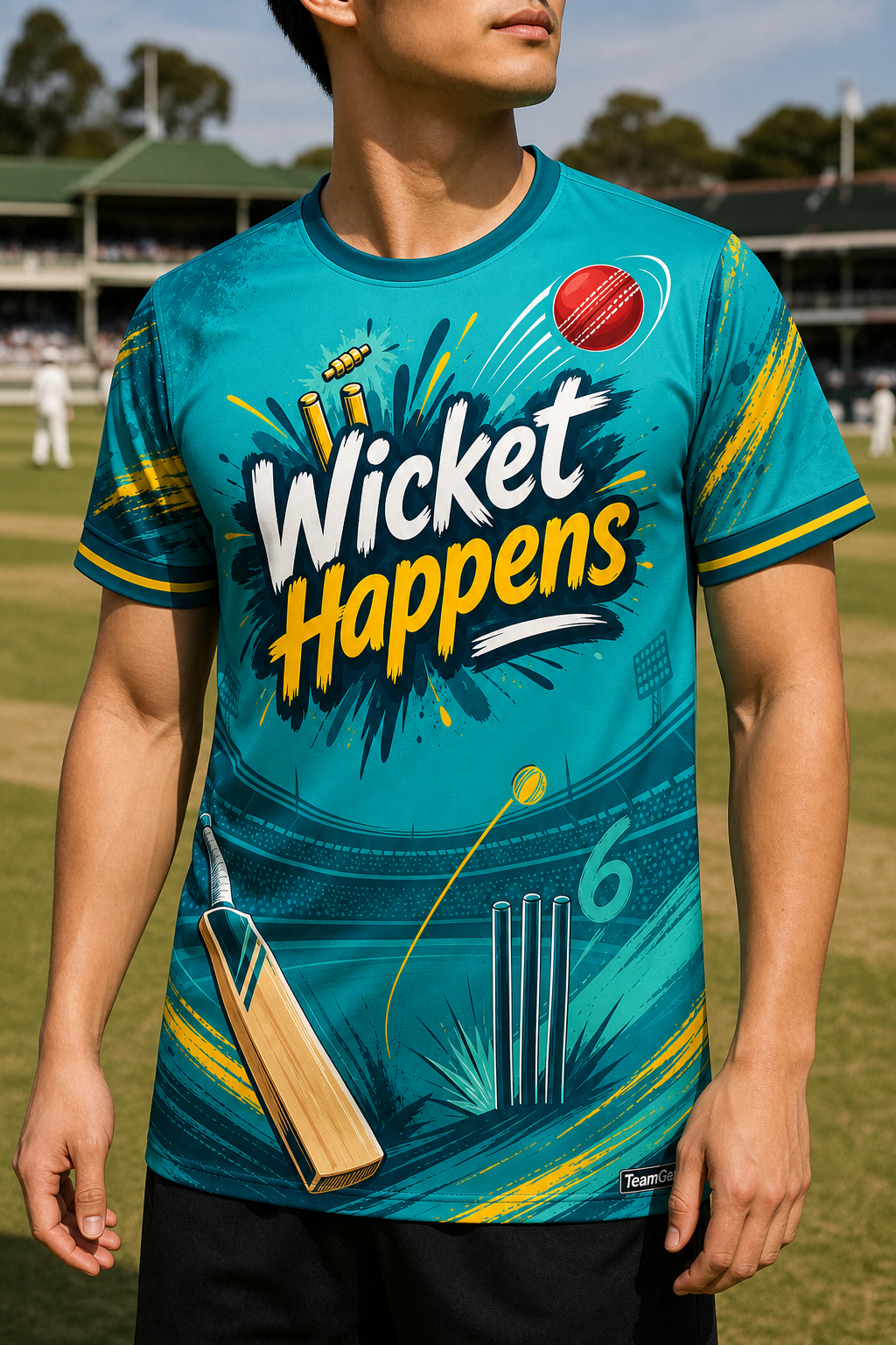 Wicket Happens Teal Cricket Jersey — custom cricket jersey worn on model — TeamGear Canada