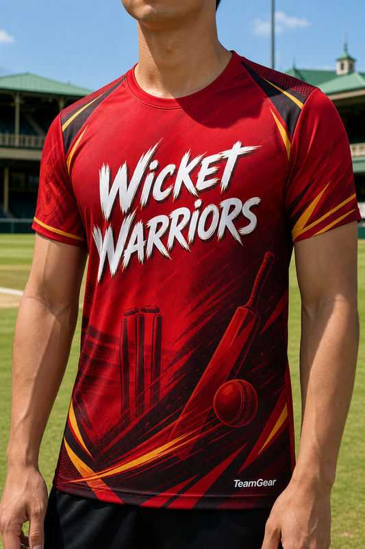 Wicket Warriors Crimson Cricket Jersey — custom cricket jersey worn on model — TeamGear Canada