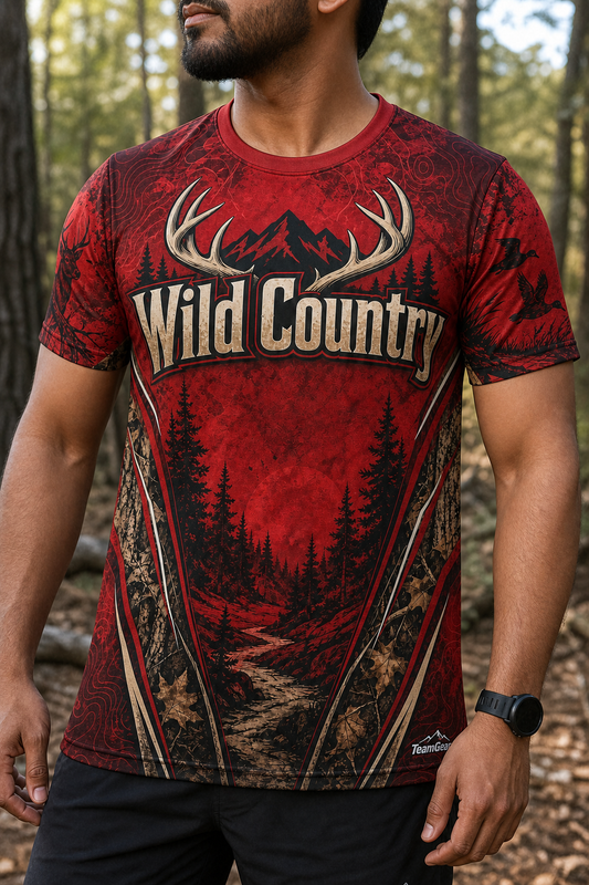 Wild Country Red Hunting Jersey — custom hunting jersey worn on model — TeamGear Canada