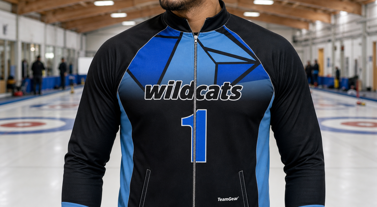 Wildcats Black and Blue Curling Jacket — custom curling jacket worn on model — TeamGear Canada